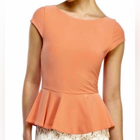 Alice + Olivia Papaya Orange Ella Peplum Ponte Short Sleeve Blouse - Picture 1 of 9